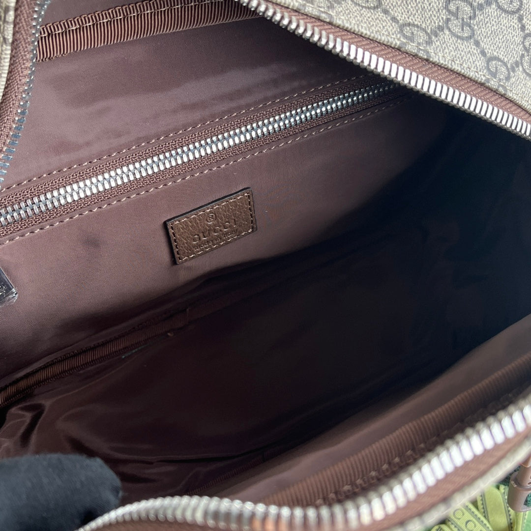 GUCCI OPHIDIA MEDIUM MESSENGER BAG 27 IN BEIGE AND EBONY CALFSKIN GREEN RED WEB STRIPE CANVAS