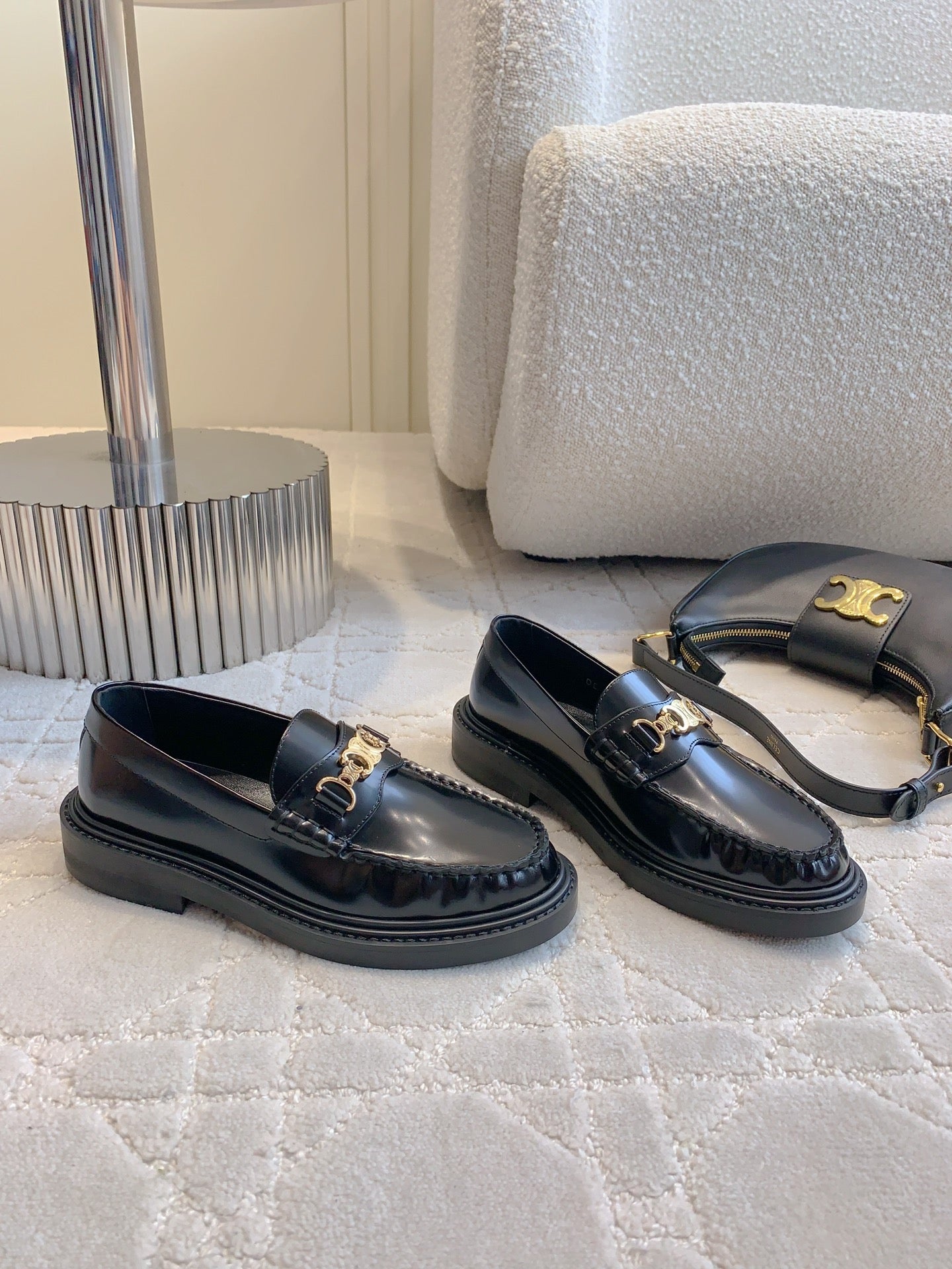 CELINE CHANEL 25S ARC DE TRIOMPHE LOAFERS IN BLACK SHINY CALFSKIN GOLD HARDWARE