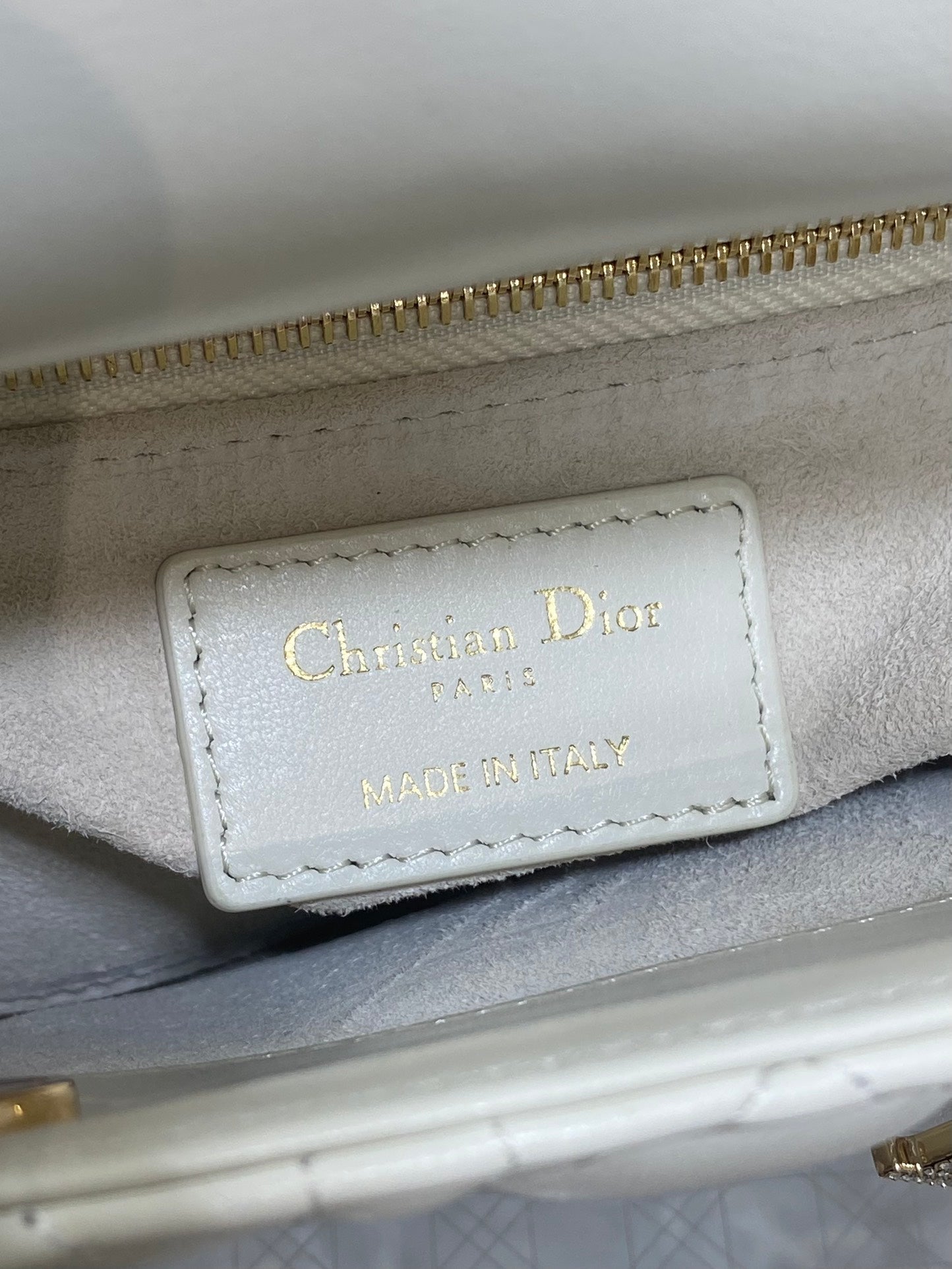 DIOR 25S MINI LADY BAG 17 IN IVORY CALFSKIN CHARM CRYSTAL EMBELLISHMENTS