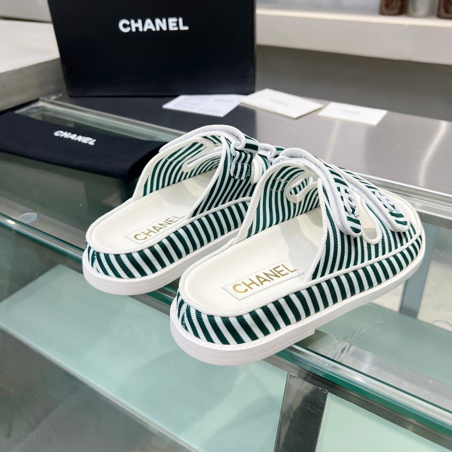 CHANEL Stripes Casual Flat Sandals Jade Green White
