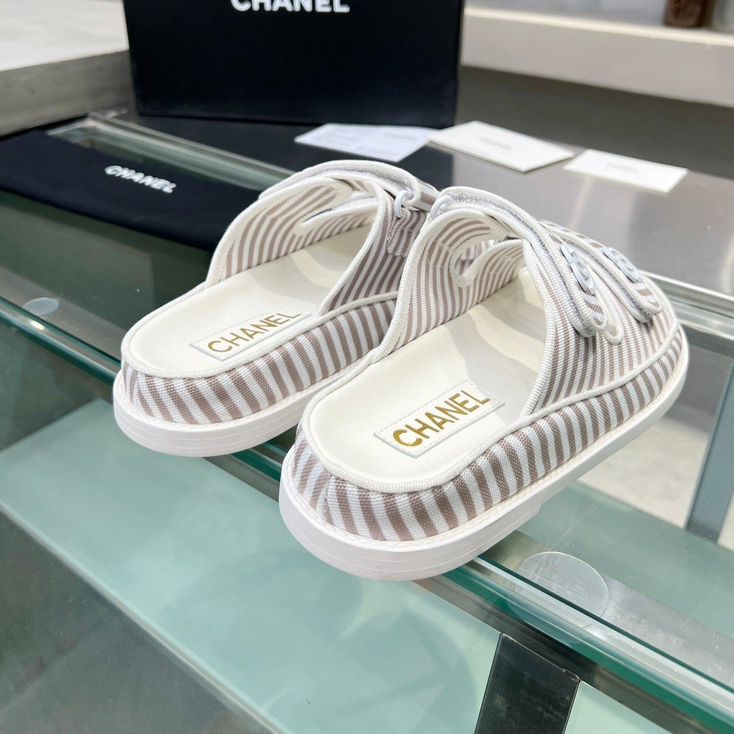 CHANEL Stripes Casual Flat Sandals Gray White