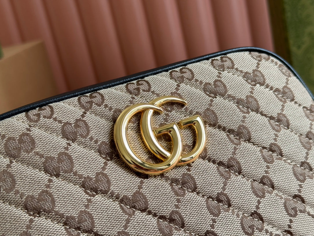GUCCI MARMONT MEDIUM SHOULDER BAG 24 IN BEIGE AND BROWN CANVAS BLACK CALFSKIN