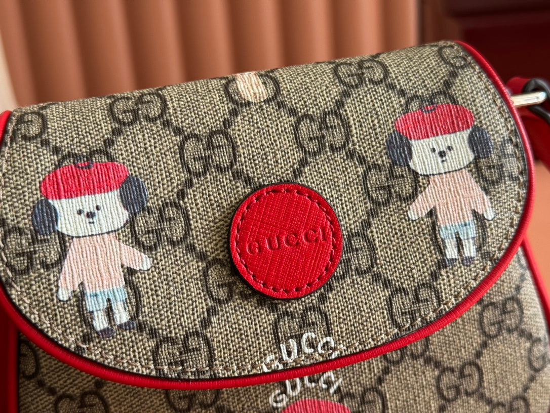 GUCCI CHILDREN'S PRINTED SHOULDER BAG IN BEIGE AND DARK BROWN CANVAS RED TRIM