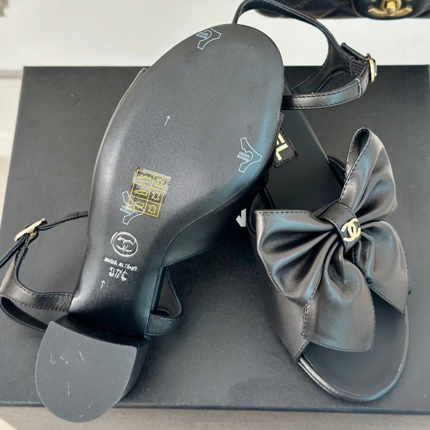 CHANEL Double Big Bow High Sandal Sheepskin Black