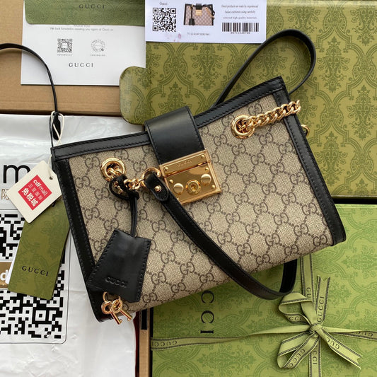 GUCCI PADLOCK MEDIUM 26 SHOULDER BAG BEIGE CANVAS AND BLACK CALFSKIN