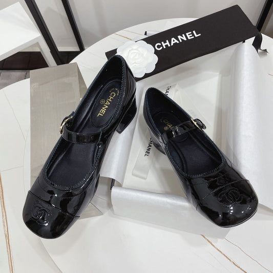 CHANEL MARY JANE BLOCK HEEL GLOSSY BLACK SHEEPSKIN
