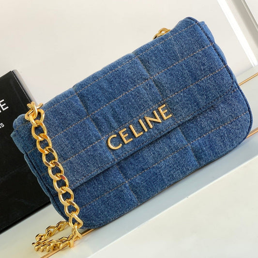 CELINE DENIM LEATHER 24 CHAIN SHOUDER BAG