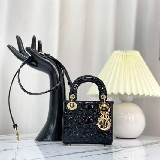 DIOR MICRO LADY 12 BAG IN GLOSSY BLACK LAMBSKIN