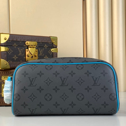 LOUIS VUITTON DOPP KIT 28 IN GUN METAL MONOGRAM ECLIPSE CANVAS AND TURQUOISE CALFSKIN TRIM