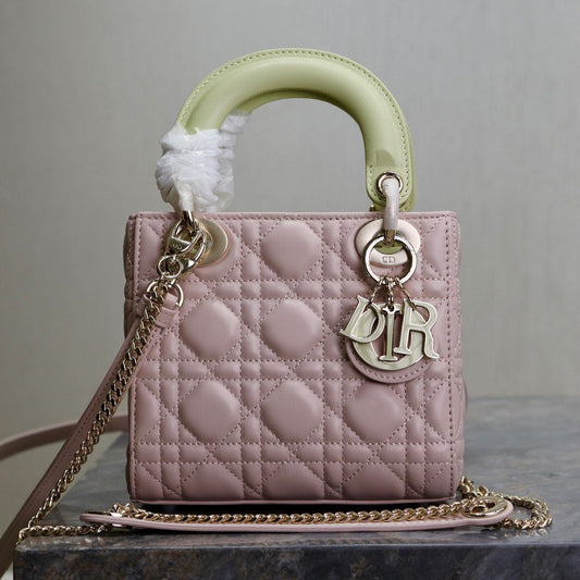 DIOR MINI LADY BAG 17 IN BABY PINK QUILTED MACROCANNAGE CALFSKIN SWAMP YELLOW STRAP