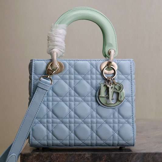 DIOR MEDIUM LADY BAG 20 IN BABY BLUE QUILTED MACROCANNAGE CALFSKIN GREEN STRAP