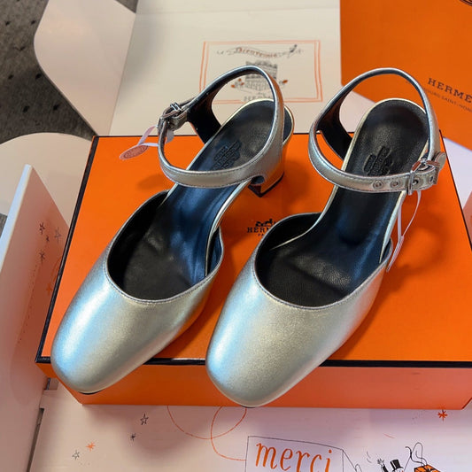 HERMES KLEO HIGH SLINGBACK IN SILVER CALFSKIN