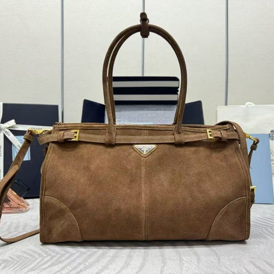 PRADA TOTE BAG WITH BELT 38 IN CHOCOLATE BROWN SUEDE GOLD HARDWARE