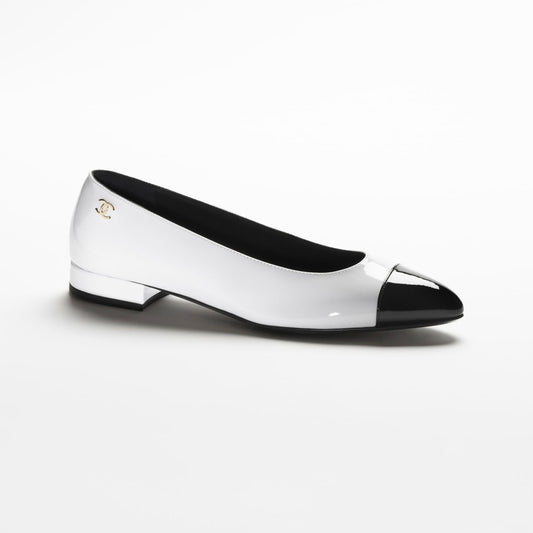 CHANEL BALLET FLATS WHITE BLACK PATENT CALFSKIN