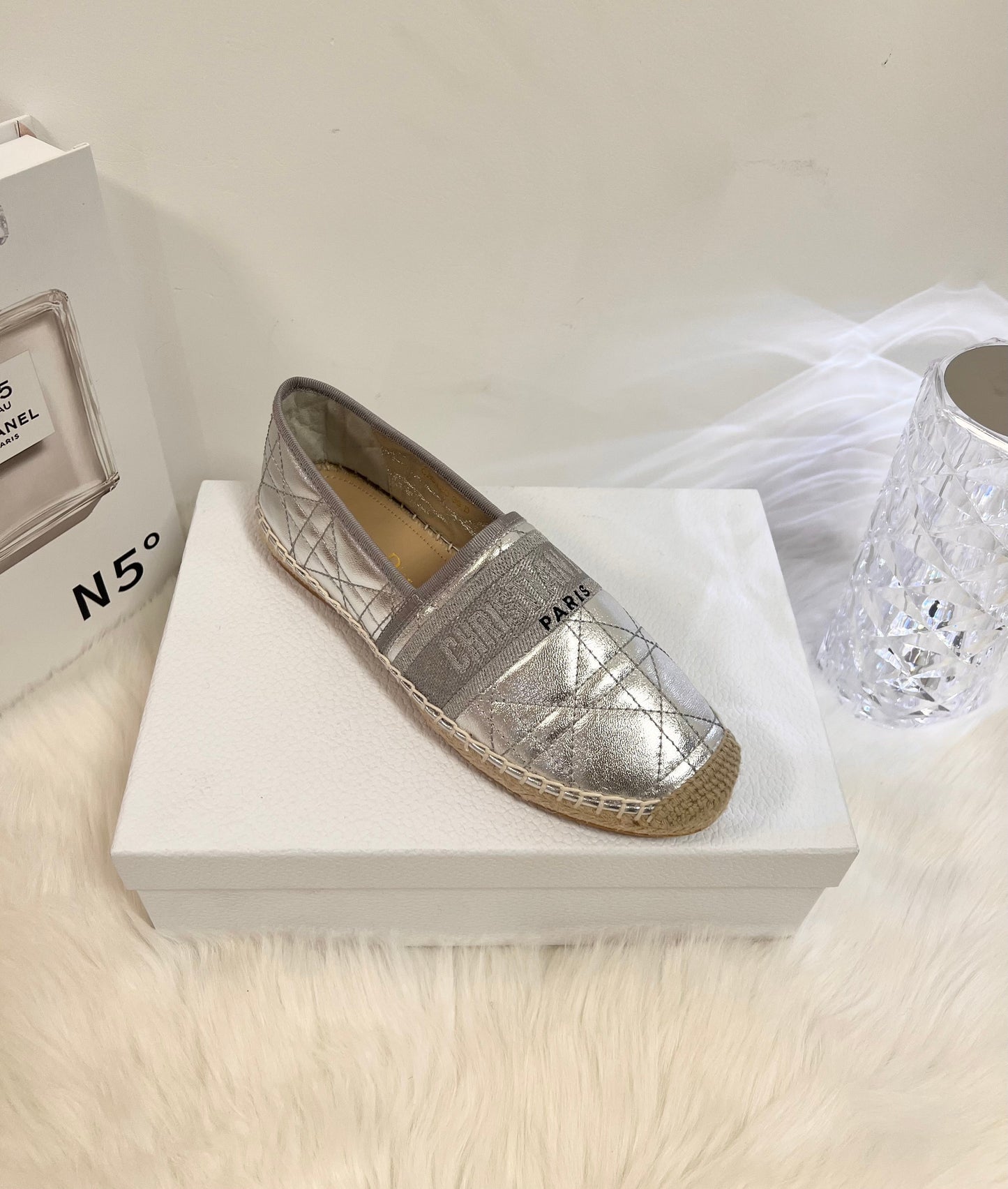 DIOR GRANVILLE ESPADRILLE SILVER QUILTED CANNAGE CALFSKIN