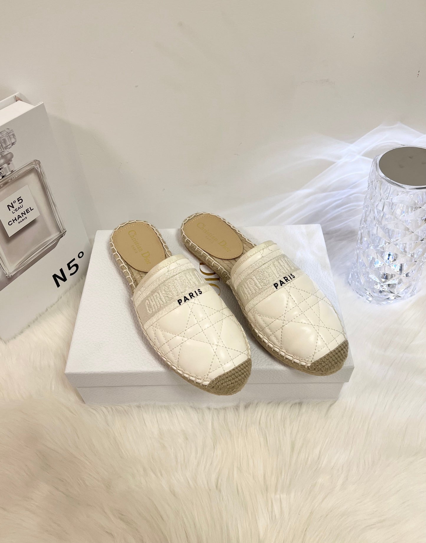 DIOR GRANVILLE ESPADRILLE MULE WHITE QUILTED CANNAGE CALFSKIN