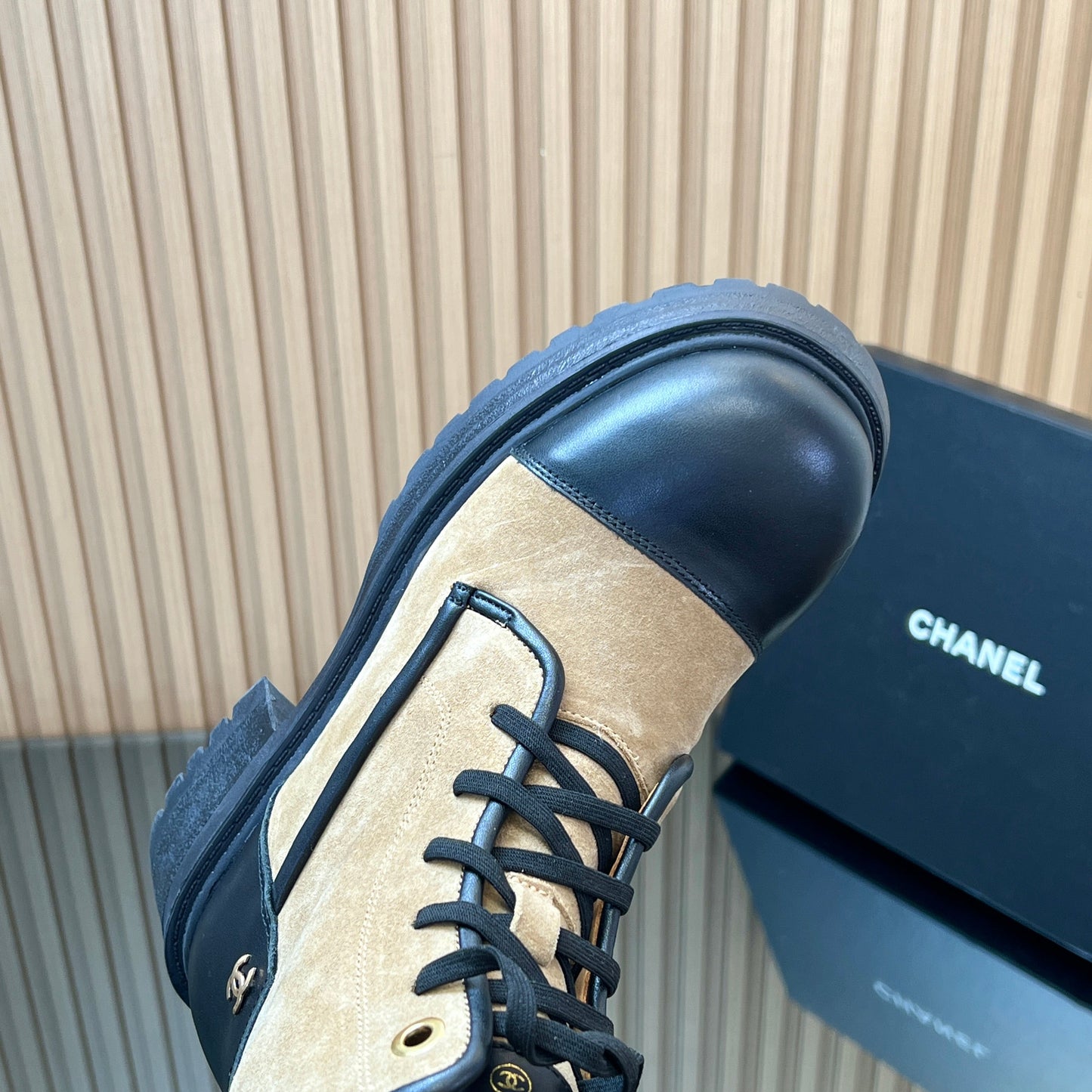 CHANEL 25S LACE-UP ANKLE BOOTS IN BROWN BLACK SUEDE AND CALFSKIN
