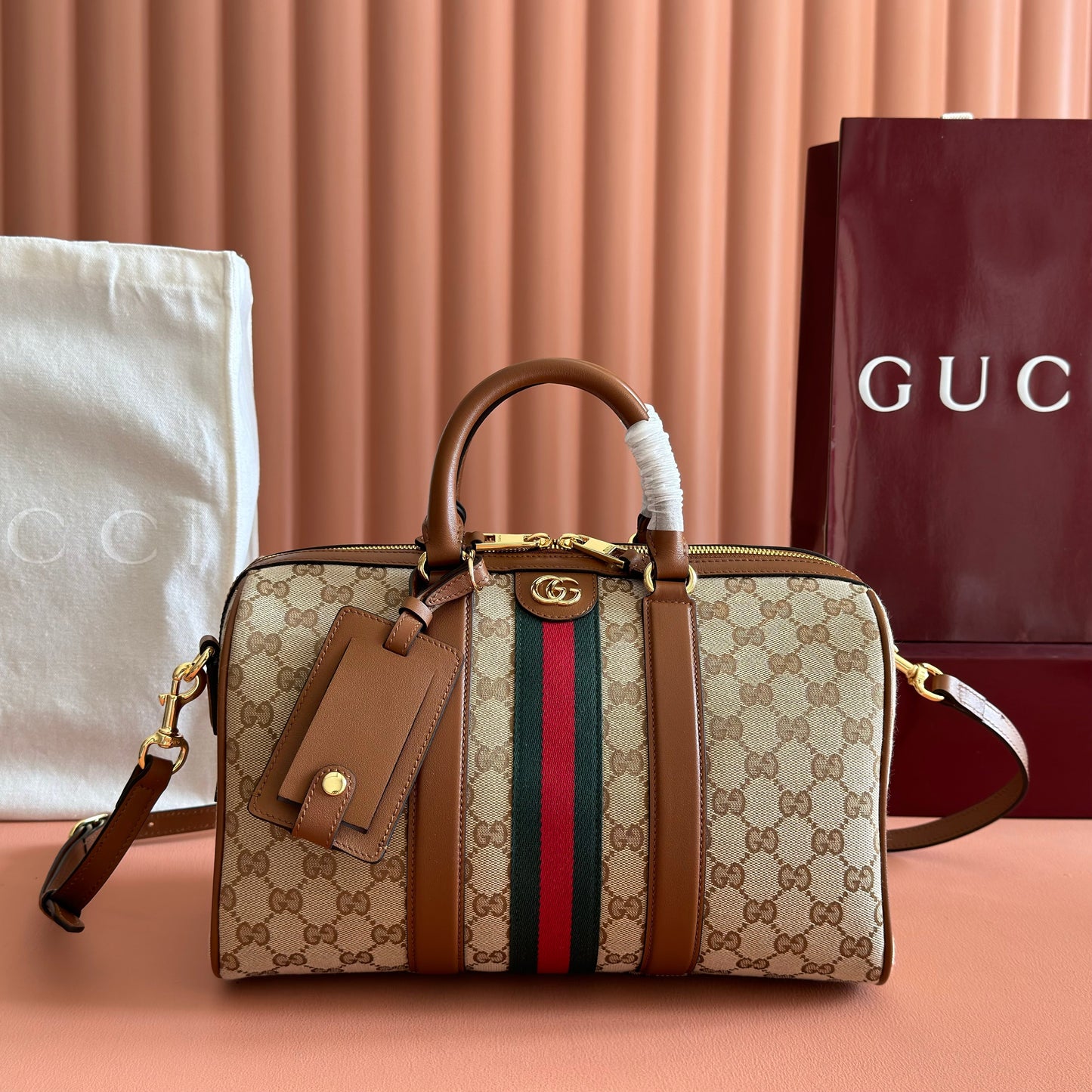 GUCCI 26S OPHIDIA MEDIUM BOSTON BAG 30 IN WARM BEIGE AND BROWN CANVAS