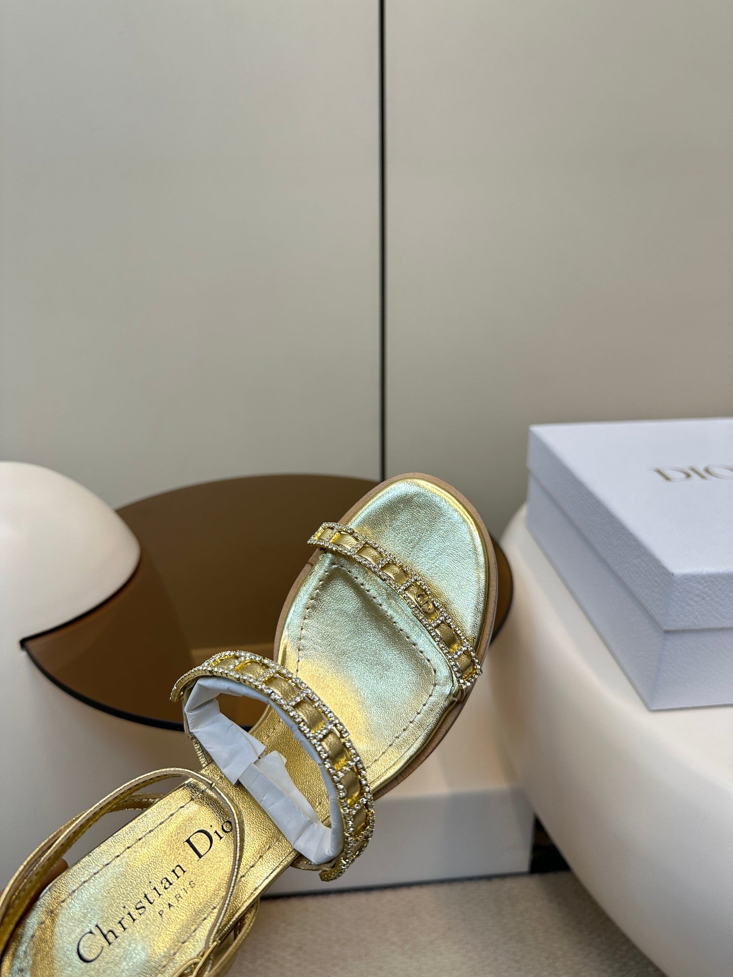 DIOR HIGH HEEL 25S SANDALS 85MM IN SHINY GOLD CALFSKIN RHINESTONES STRAP