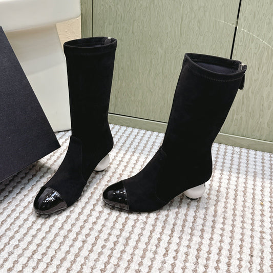 CHANEL 25S PEARL BOOTS IN BLACK SUEDE AND PATENT CALFSKIN