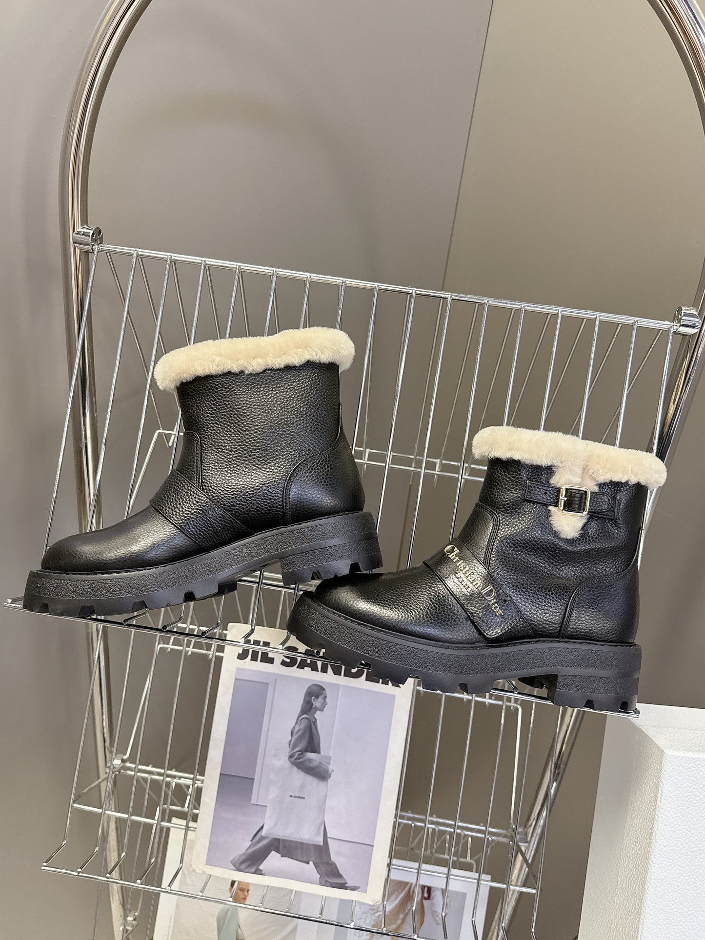 DIOR ALPS ANKLE BOOTS 25S IN BLACK LAMBSKIN AND BEIGE WOOL WITH SILVER HARDWARE