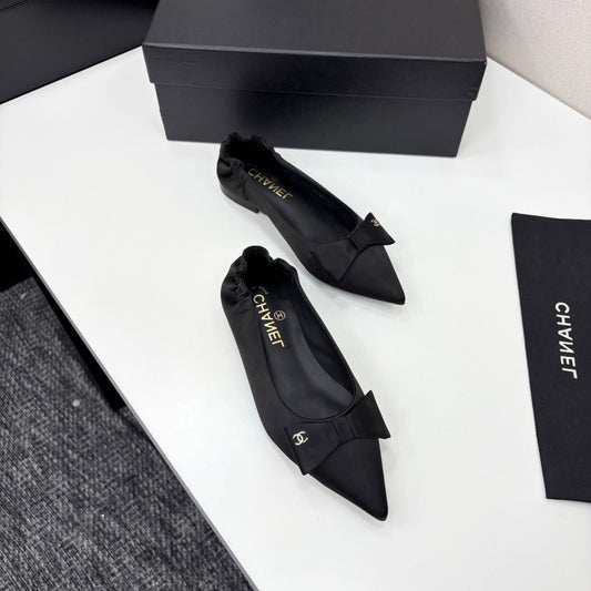 CHANEL BALLET FLATS 25S IN BLACK SATIN WITH BOW