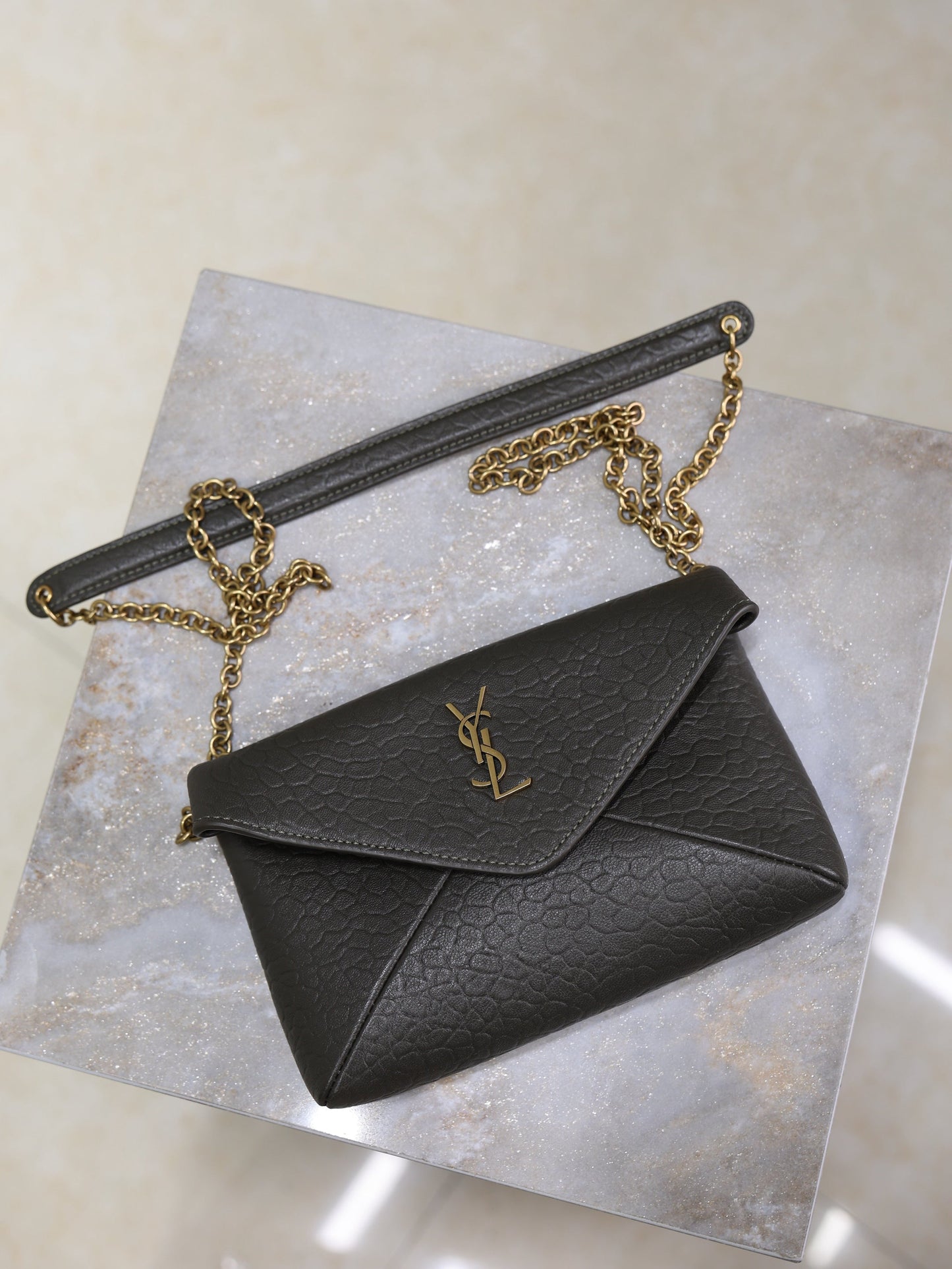 YSL 25S CALYPSO MINI 19 IN CHARCOAL GRAY LAMBSKIN GOLD HARDWRE