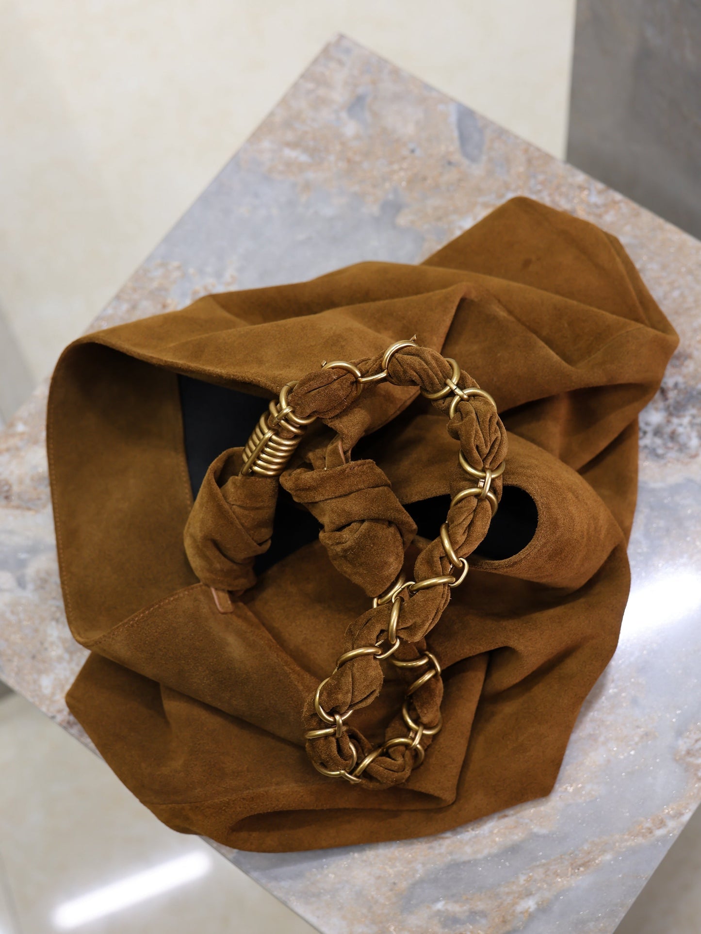 YSL 25S AMALIA 50 IN DARK CARAMEL SUEDE GOLD HARDWARE