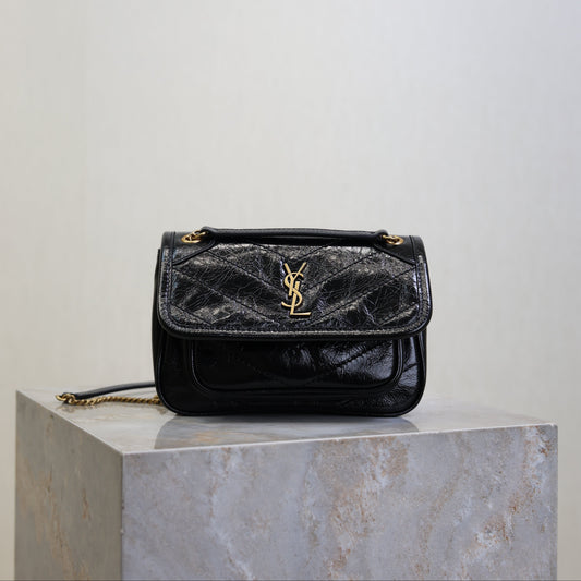 YSL 25S NIKI BAG 18 IN BLACK GLOSSY CALFSKIN GOLD HARDWRE