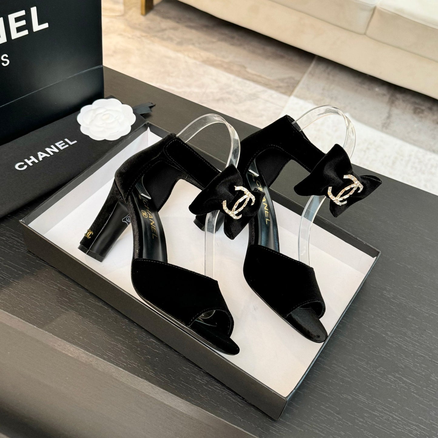 CHANEL HIGH SANDAL OPEN TOE IN BLACK VELVET