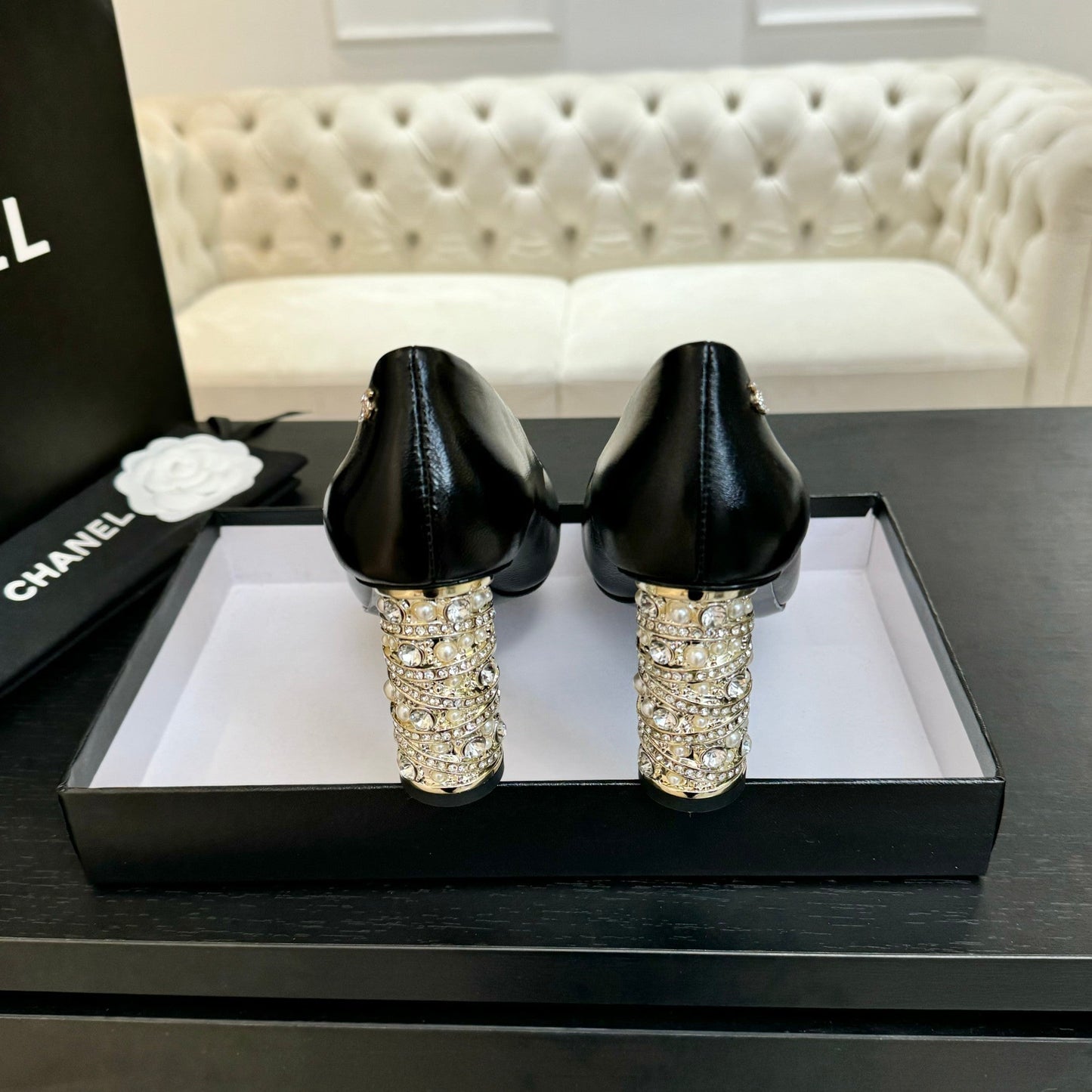 CHANEL HIGH HEEL 85 MM SANDALS IN BLACK CALFSKIN AND FABRIC