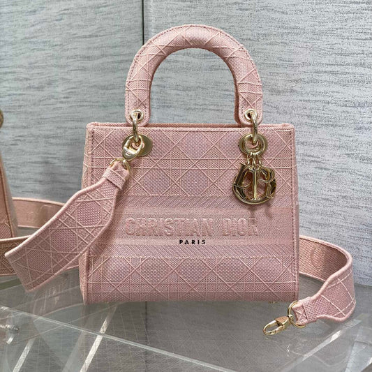 DIOR SMALL 24 LADY BAG IN PASTEL PINK CANVAS