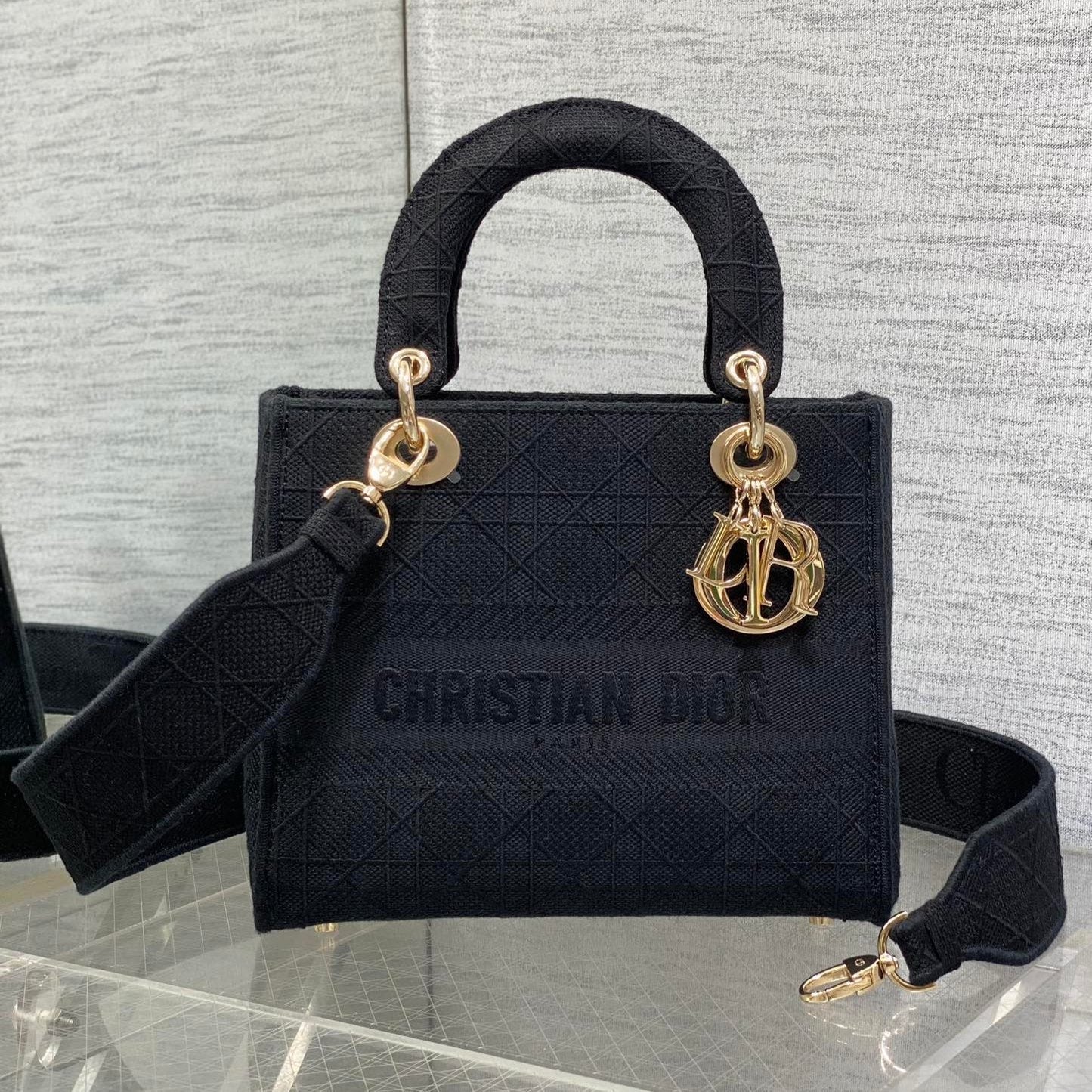 DIOR SMALL 24 LADY BAG IN BLACK CANVAS