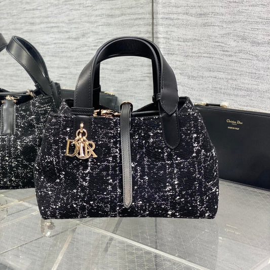 DIOR MINI 23 TOUJOURS BAG IN BLACK MIX WHITE CANNAGE TWEED WITH GOLD HARDWARE