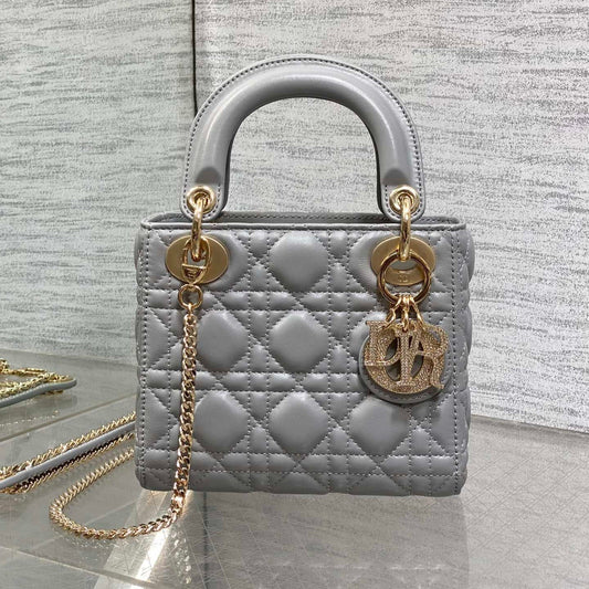DIOR 25S MINI LADY  BAG 17 IN DARK GRAY CALFSKIN CHARM CRYSTAL EMBELLISHMENTS