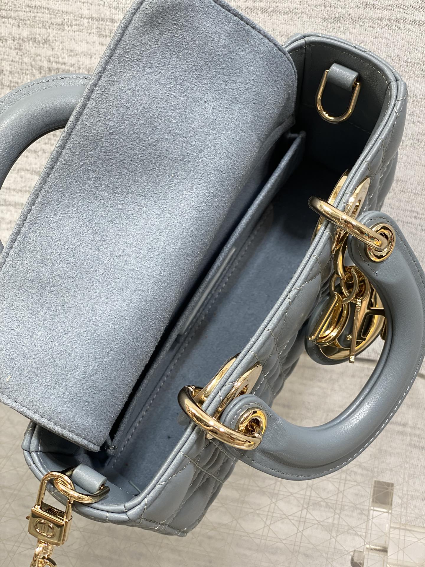 DIOR 25S SMALL LADY D‑JOY BAG 19 IN STEEL BLUE GRAY CANNAGE CALFSKIN GOLD HARDWRE