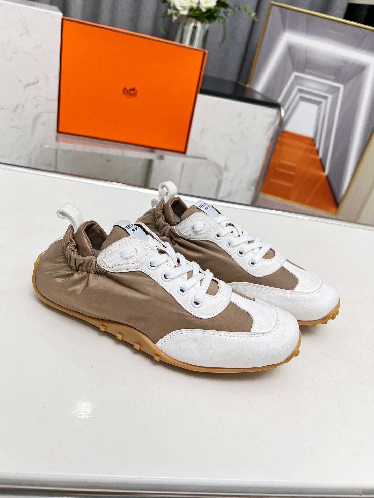 HERMES SKATEBOARD SHOES BROWN MIX WHITE SUEDE