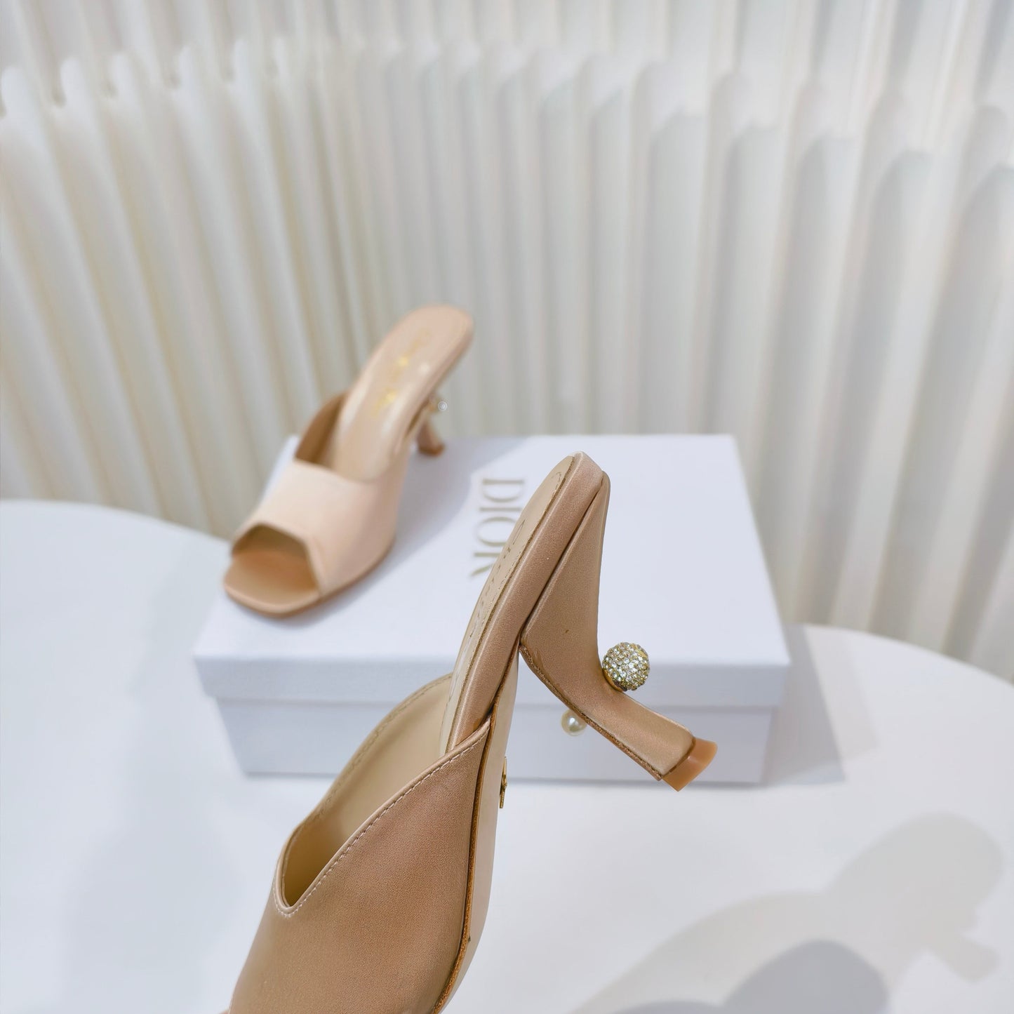 DIOR EMBELLISHED HIGH HEEL SLIDES 25S IN LIGHT BEIGE SATIN