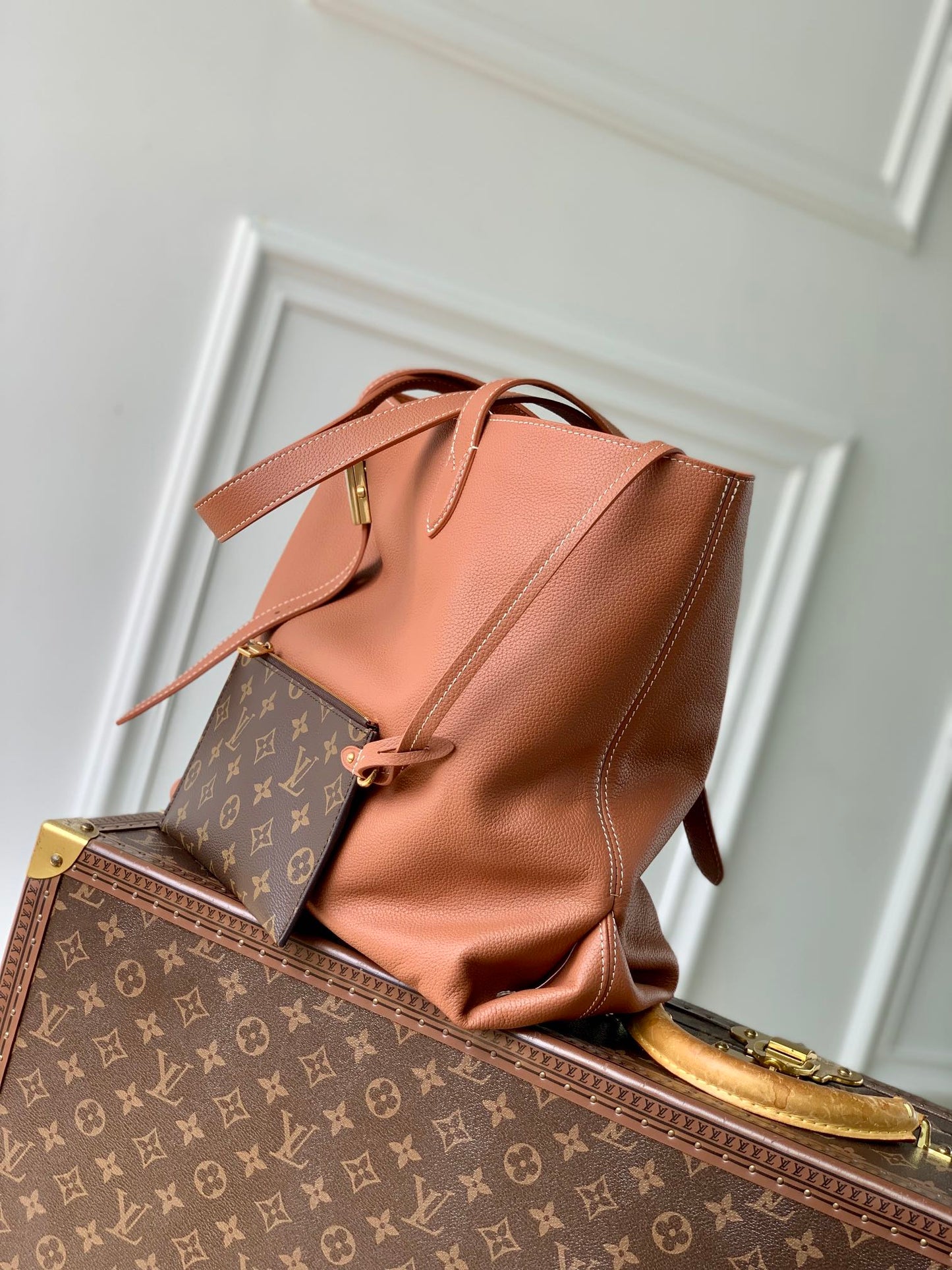 LOUIS VUITTON LOW KEY CABAS MM BAG 47 IN TAWNY BROWN GRAINED CALFSKIN
