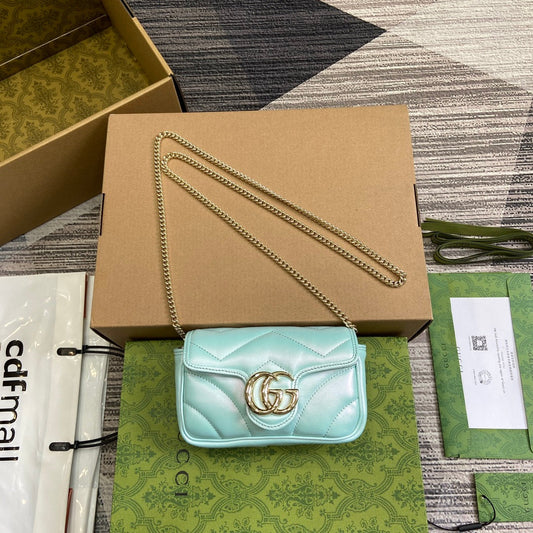 GUCCI MARMONT 16 MINI SHOULDER BAG BLUE IRIDESCENT CALFSKIN