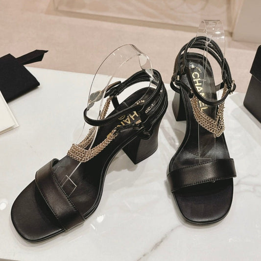 CHANEL Double C Leather High Heel Sandals Black