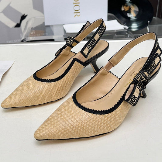 DIOR J'A SLINGBACK PUMP NATURAL RAFFIA AND BLACK EMBROIDERED COTTON 65 MM