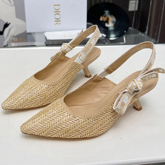 DIOR J'A SLINGBACK PUMP NATURAL RAFFIA AND BEIGE EMBROIDERED COTTON 65 MM