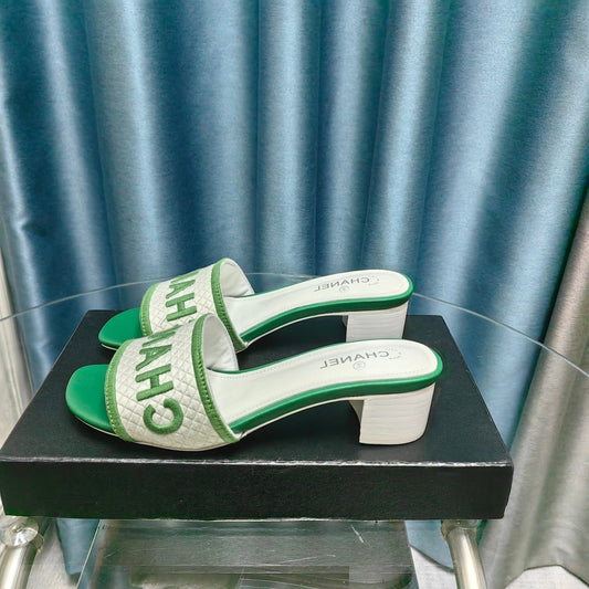 CHANEL MULE SANDAL 45 WHITE MIX LIGHT GREEN FABRIC EMBROIDERY