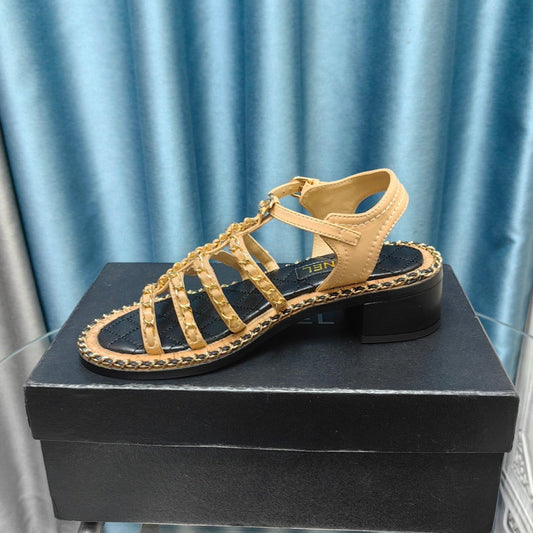 CHANEL HIGH SANDALS WITH THREE STRAPS IN DARK CREAM CALFSKIN