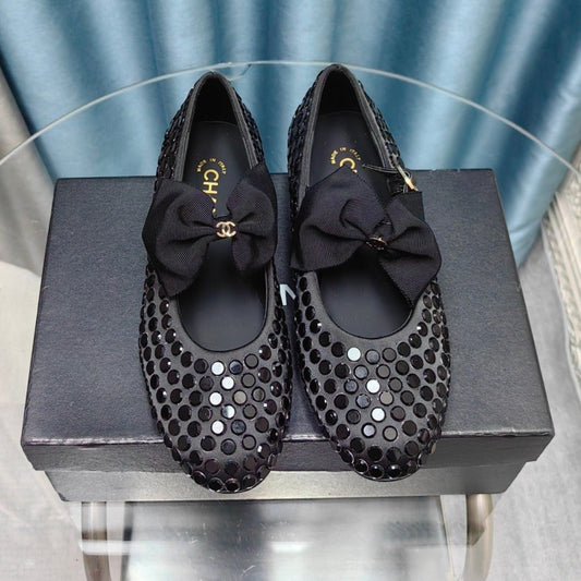 CHANEL MARY JANE BOW RHINESTONE BLACK SILK