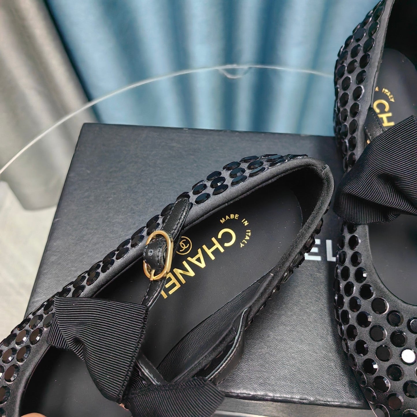 CHANEL HIGH MARY JANE BOW RHINESTONE BLACK SILK