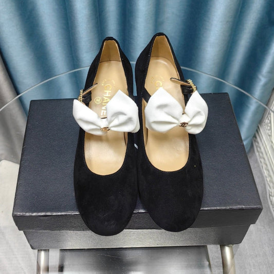 CHANEL HIGH MARY JANE SHOES BLACK SUEDE WITH WHITE BOW