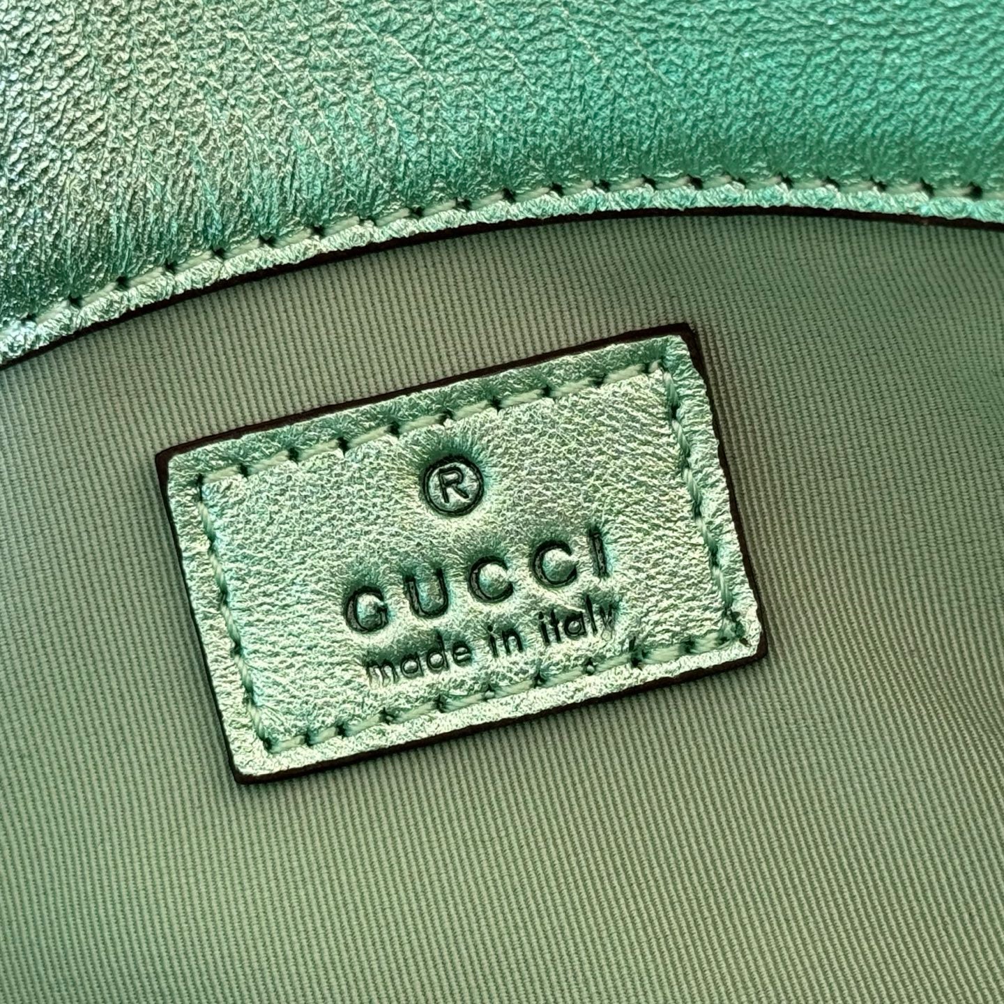 GUCCI 26S  MARMONT BAG 16 IN METALLIC PALE GREEN LAMBSKIN
