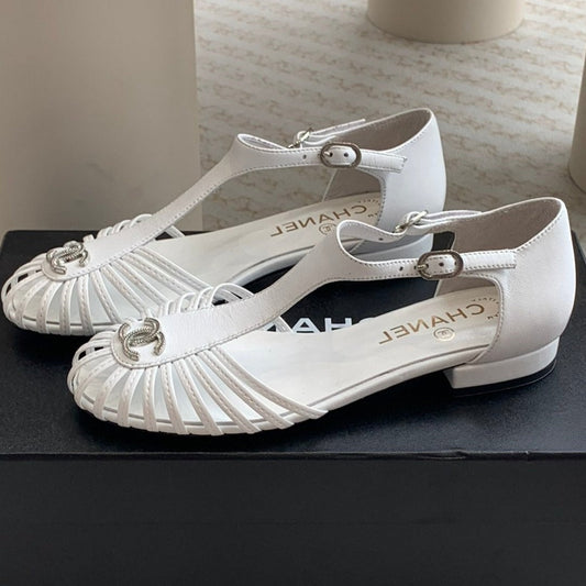 CHANEL Summer New Hollow Roman Sandals White Sheepskin